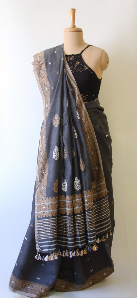 Natural Dark Grey Handloom Eri Silk / Mulberry Silk Sari from Assam