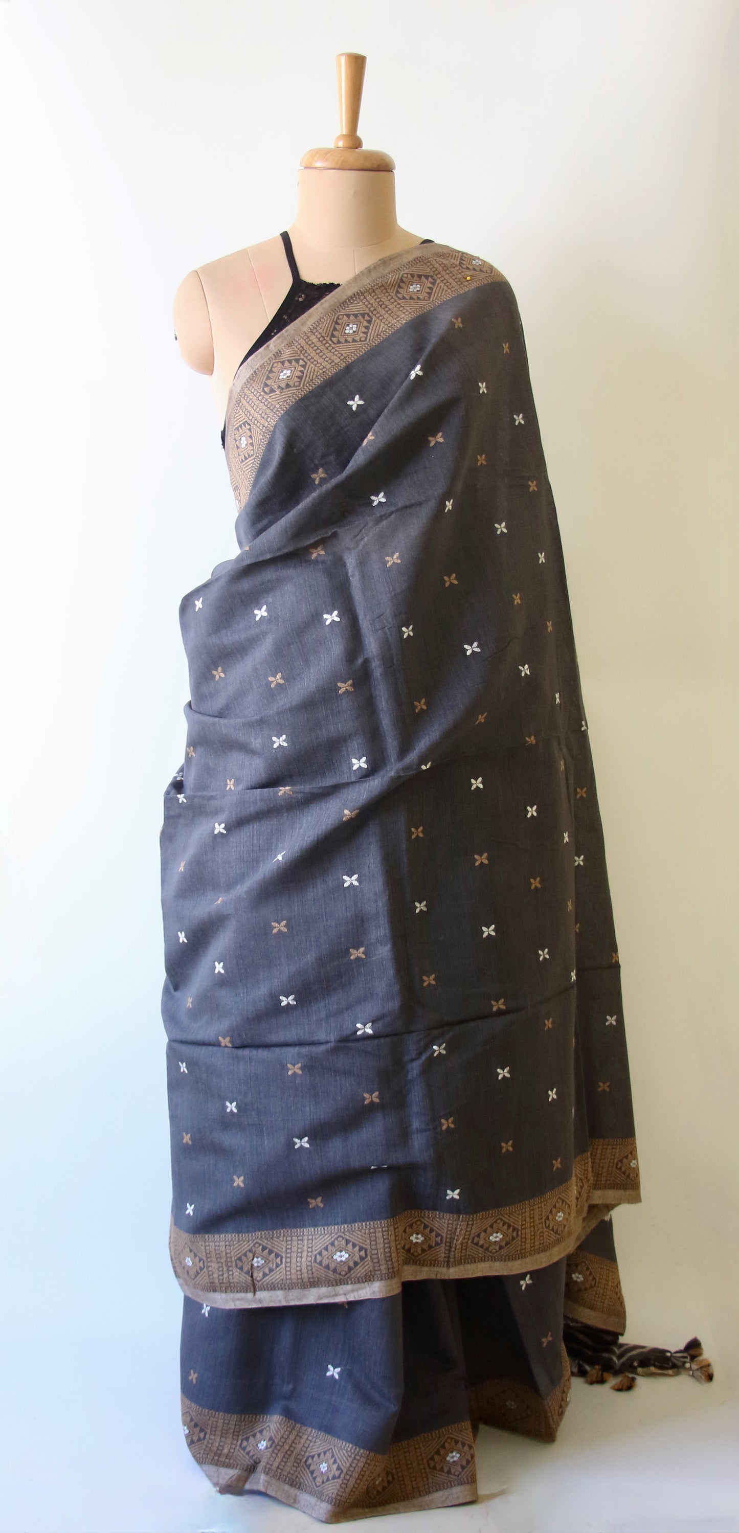 Natural Dark Grey Handloom Eri Silk / Mulberry Silk Sari from Assam
