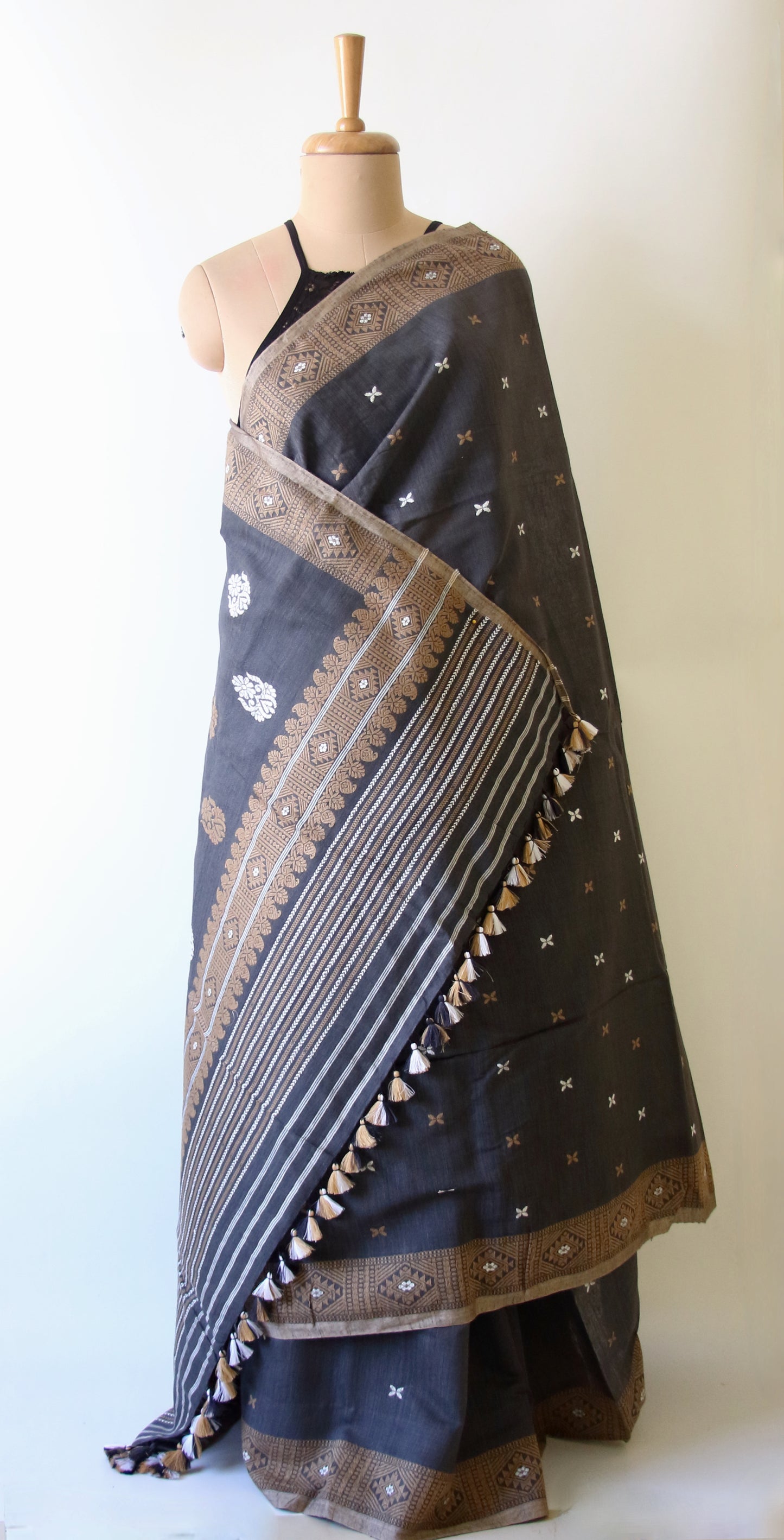 Natural Dark Grey Handloom Eri Silk / Mulberry Silk Sari from Assam