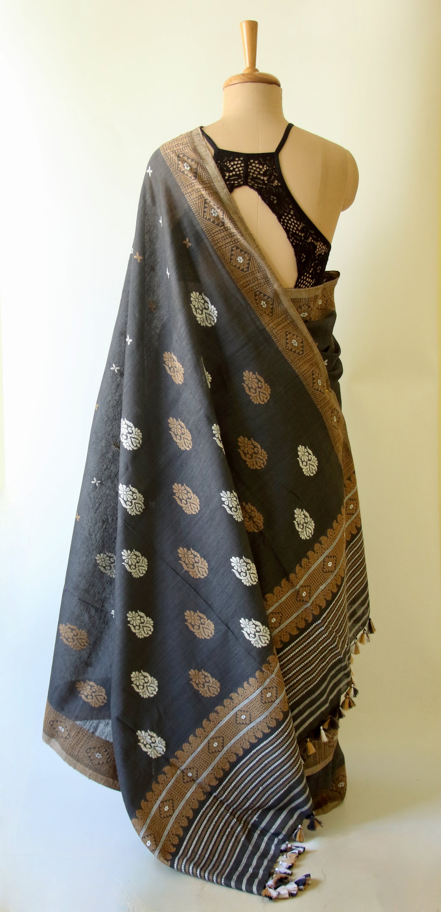 Natural Dark Grey Handloom Eri Silk / Mulberry Silk Sari from Assam