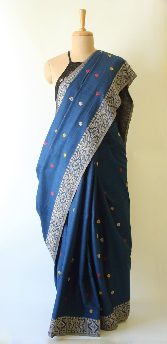 Natural Dyed Indigo Handloom Eri Silk  Sari from Assam
