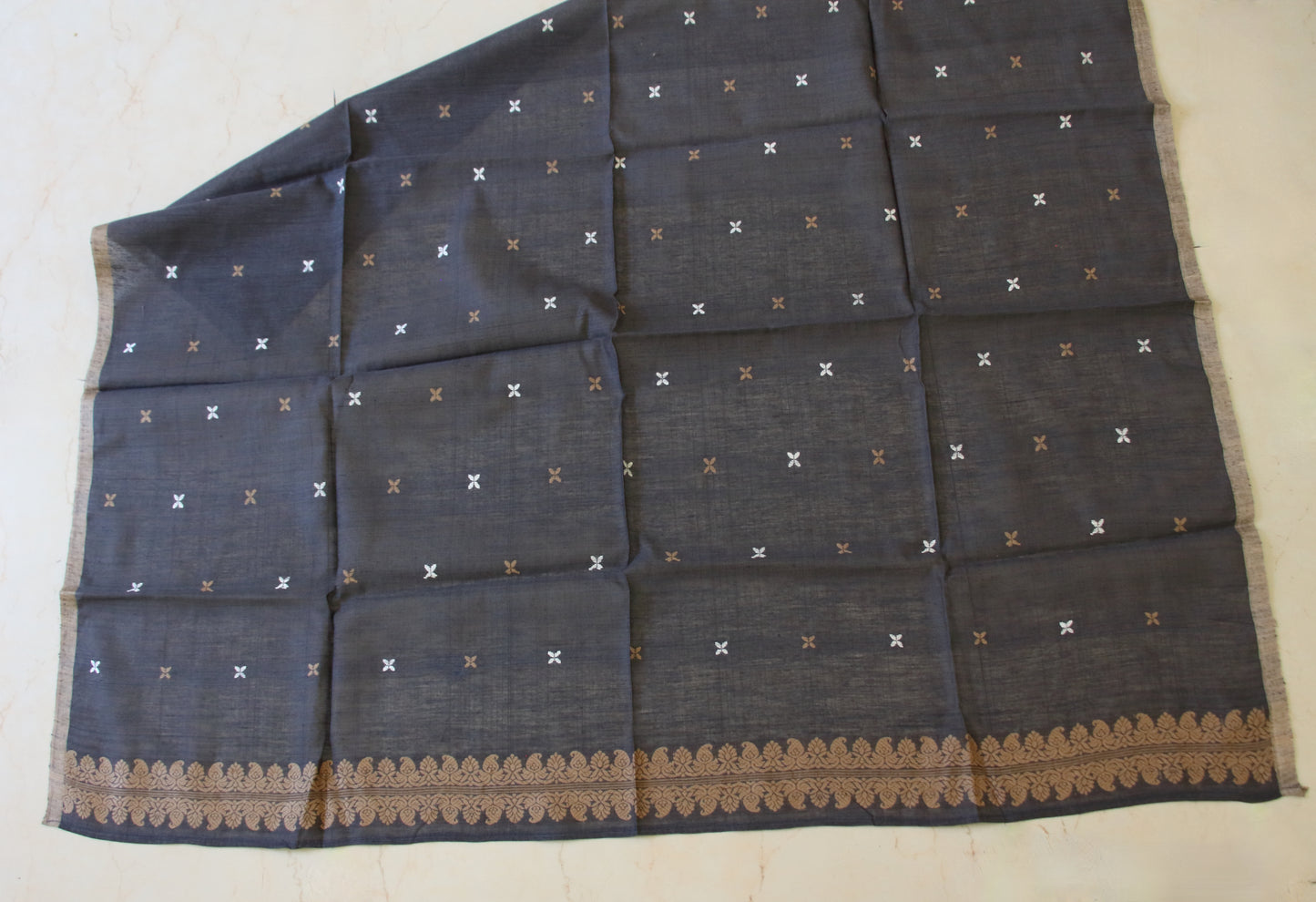 Natural Dark Grey Handloom Eri Silk / Mulberry Silk Sari from Assam