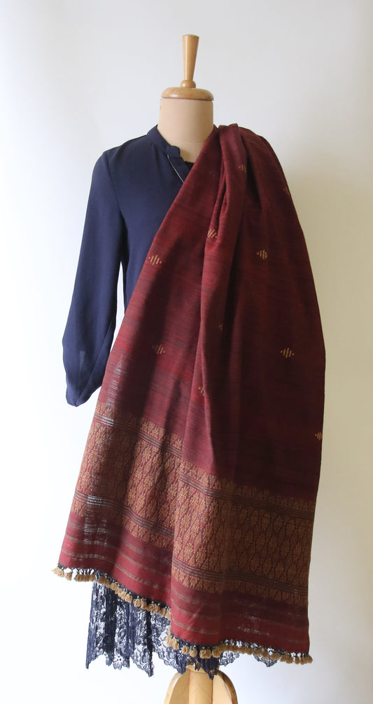 Handwoven Maroon Natural Dyed Hand Spun Eri Silk Shawl From Assam