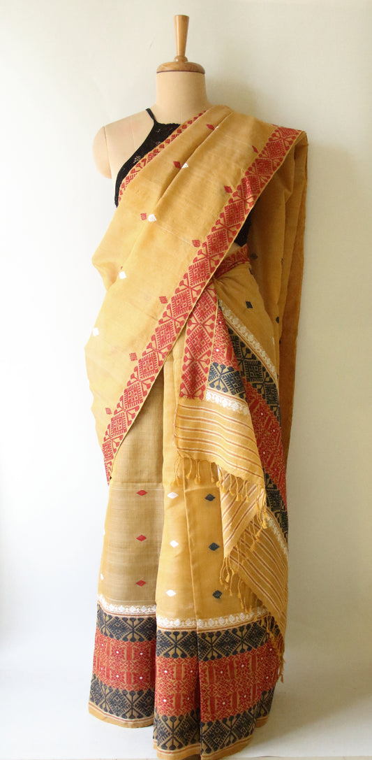 Natural Dyed Yellow Cotton Silk Handloom Mekhela Chador Set from Assam