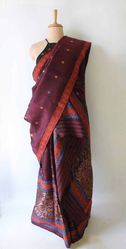 Maroon Natural dyed Cotton Silk Handloom Mekhela Chador Set from Assam