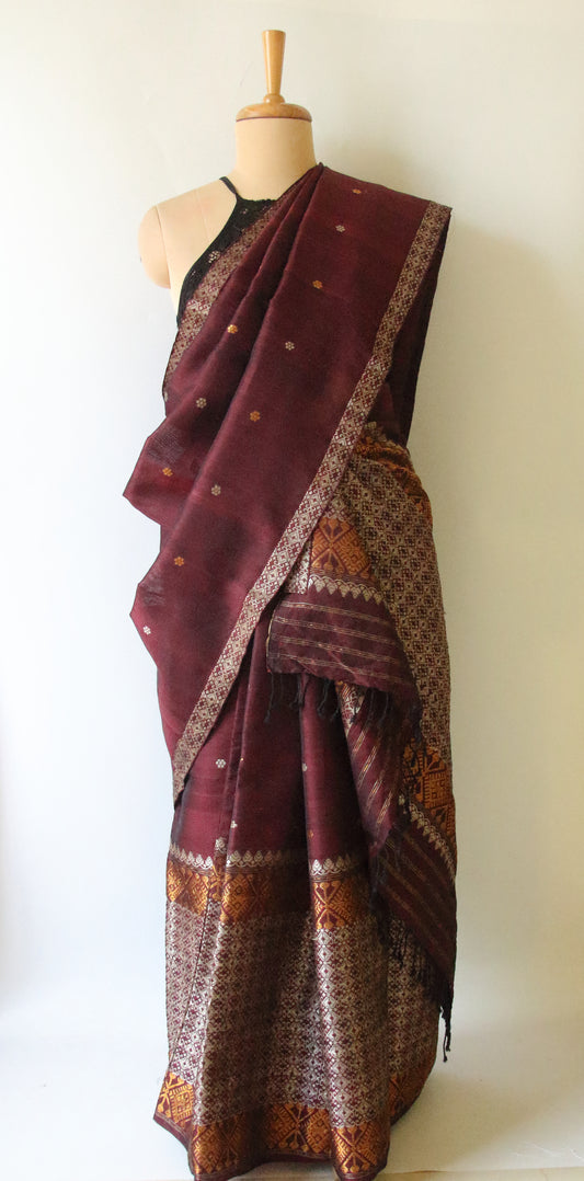 Maroon Natural dyed Cotton Silk Handloom Mekhela Chador Set from Assam