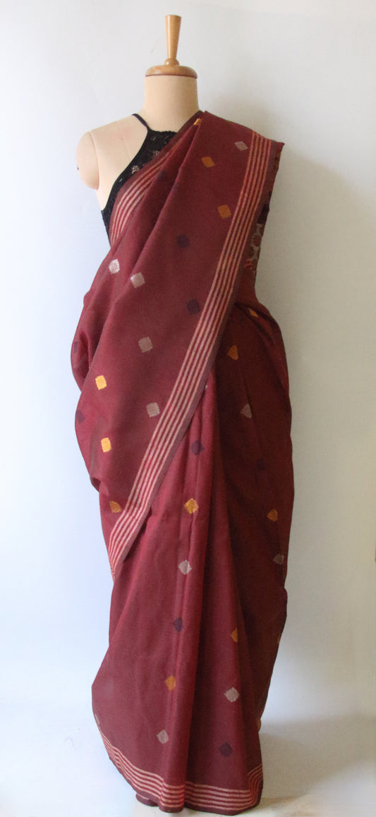 Natural Dyed Brick Maroon Handloom Cotton Silk Saree from Assam