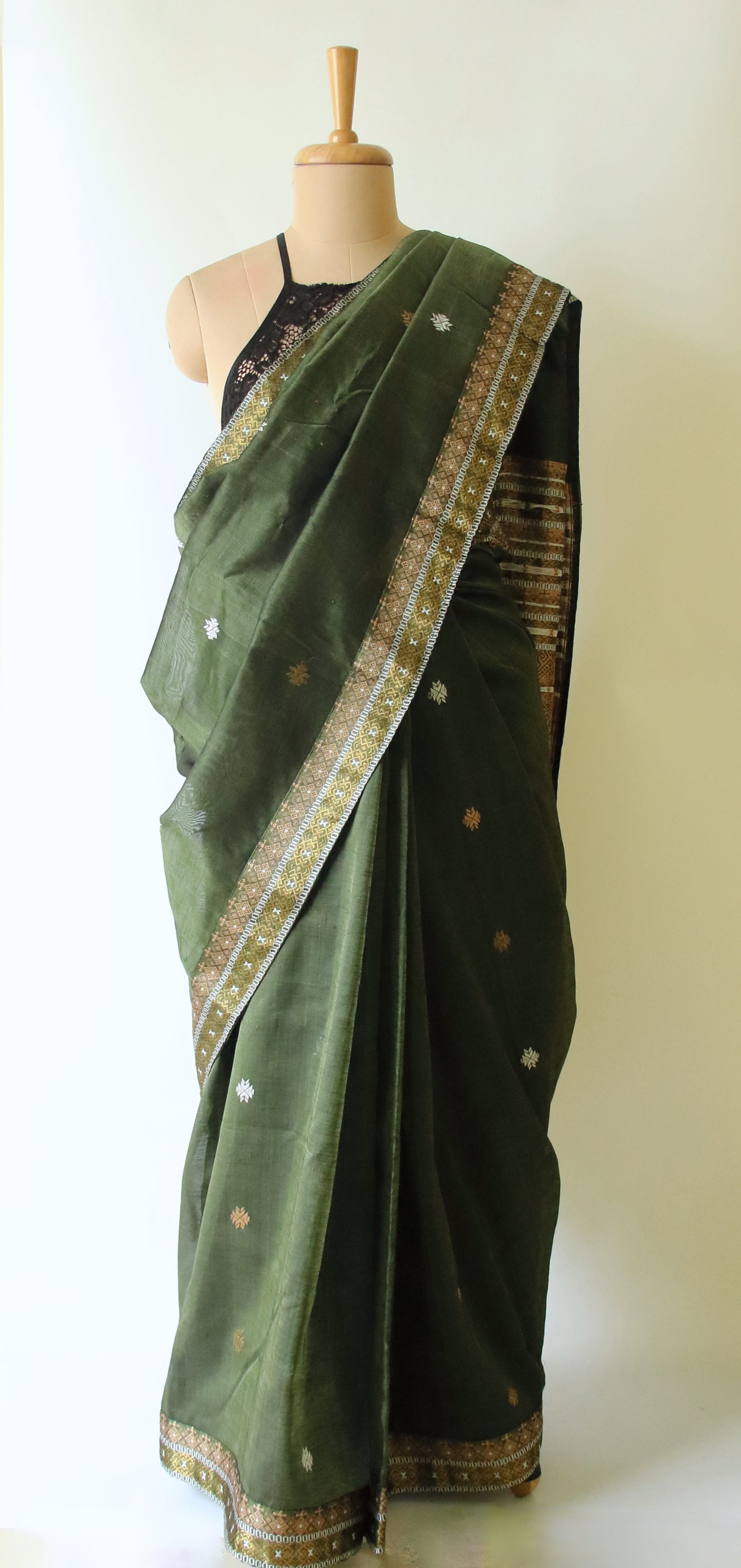 Bottle Green Handloom Cotton Silk Saree from Assam