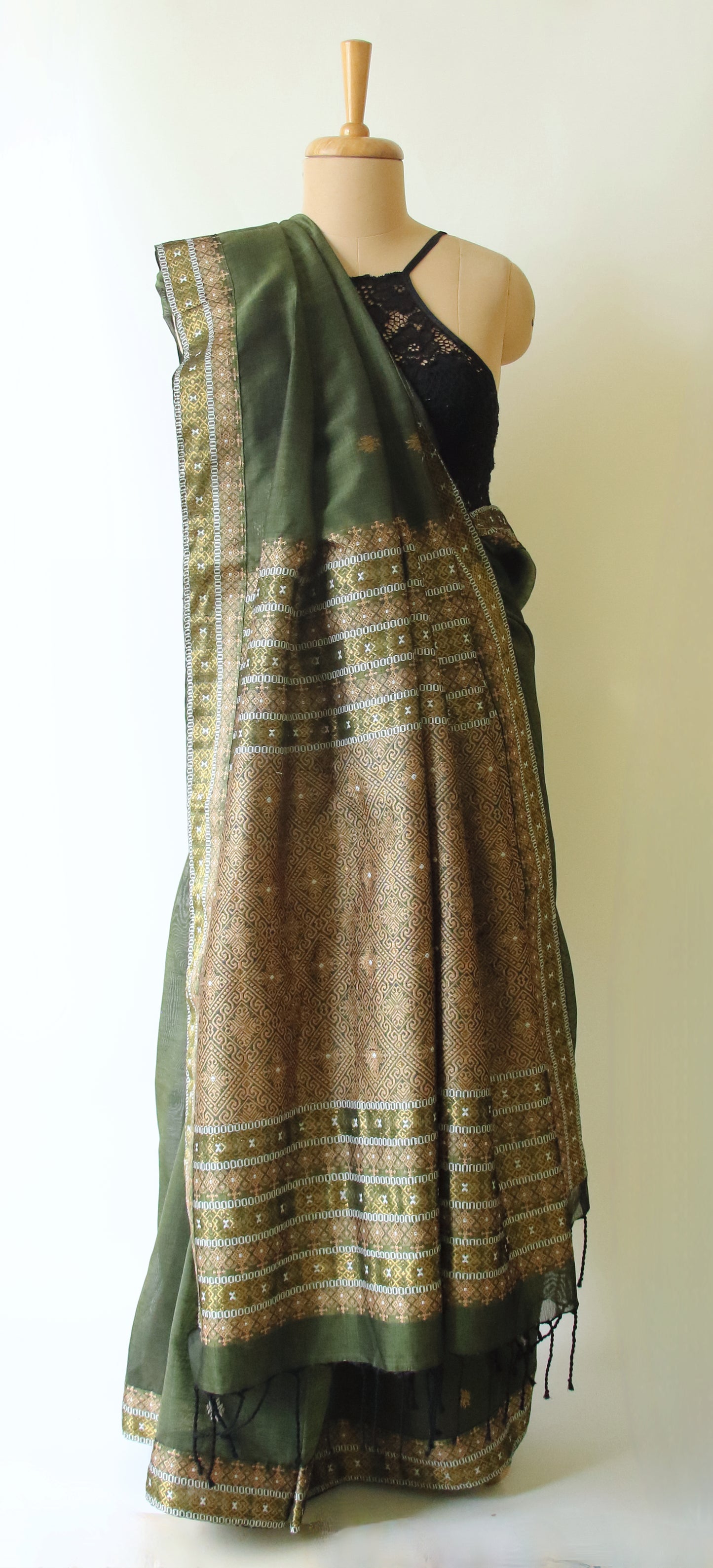 Bottle Green Handloom Cotton Silk Saree from Assam
