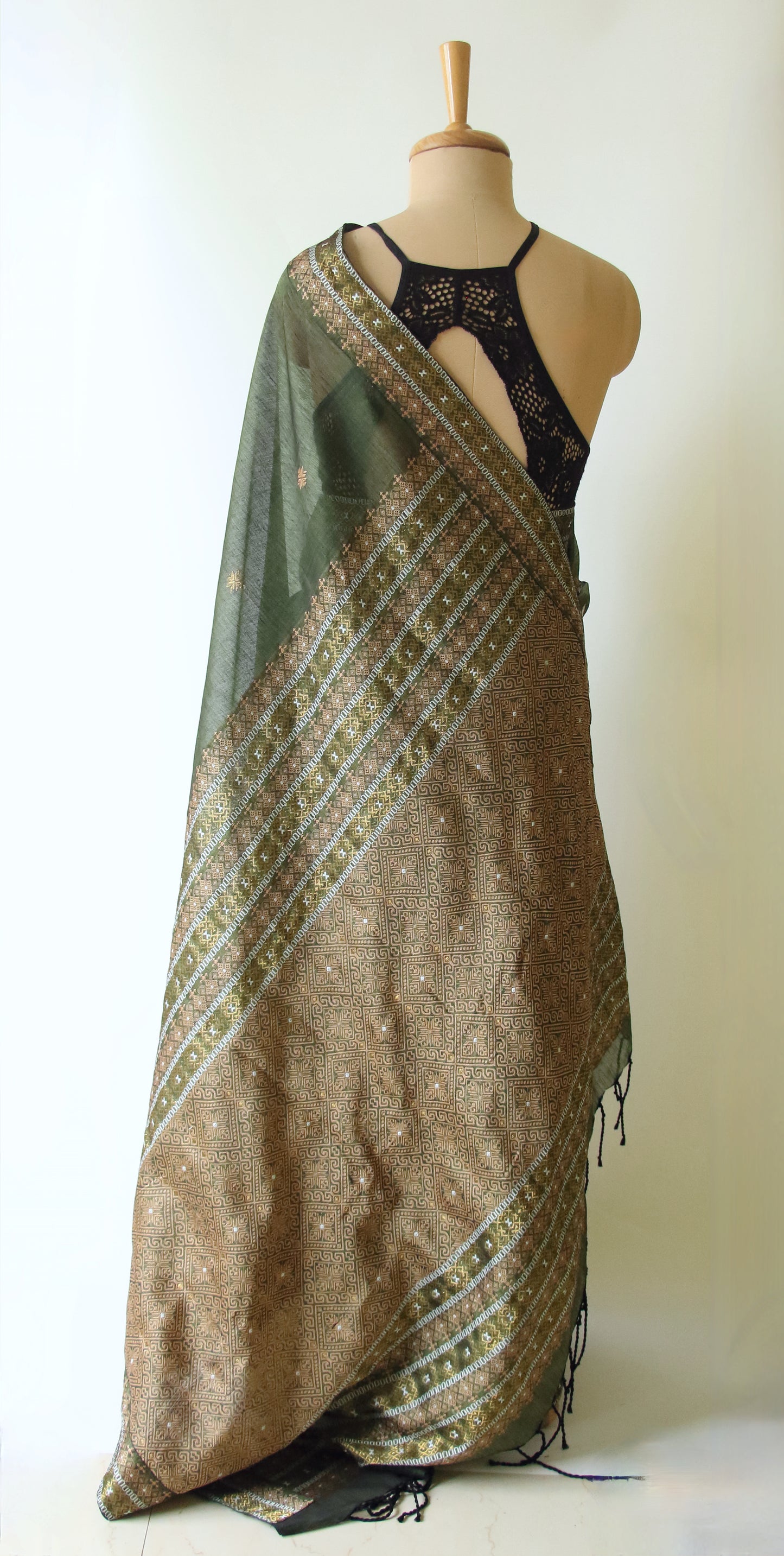 Bottle Green Handloom Cotton Silk Saree from Assam