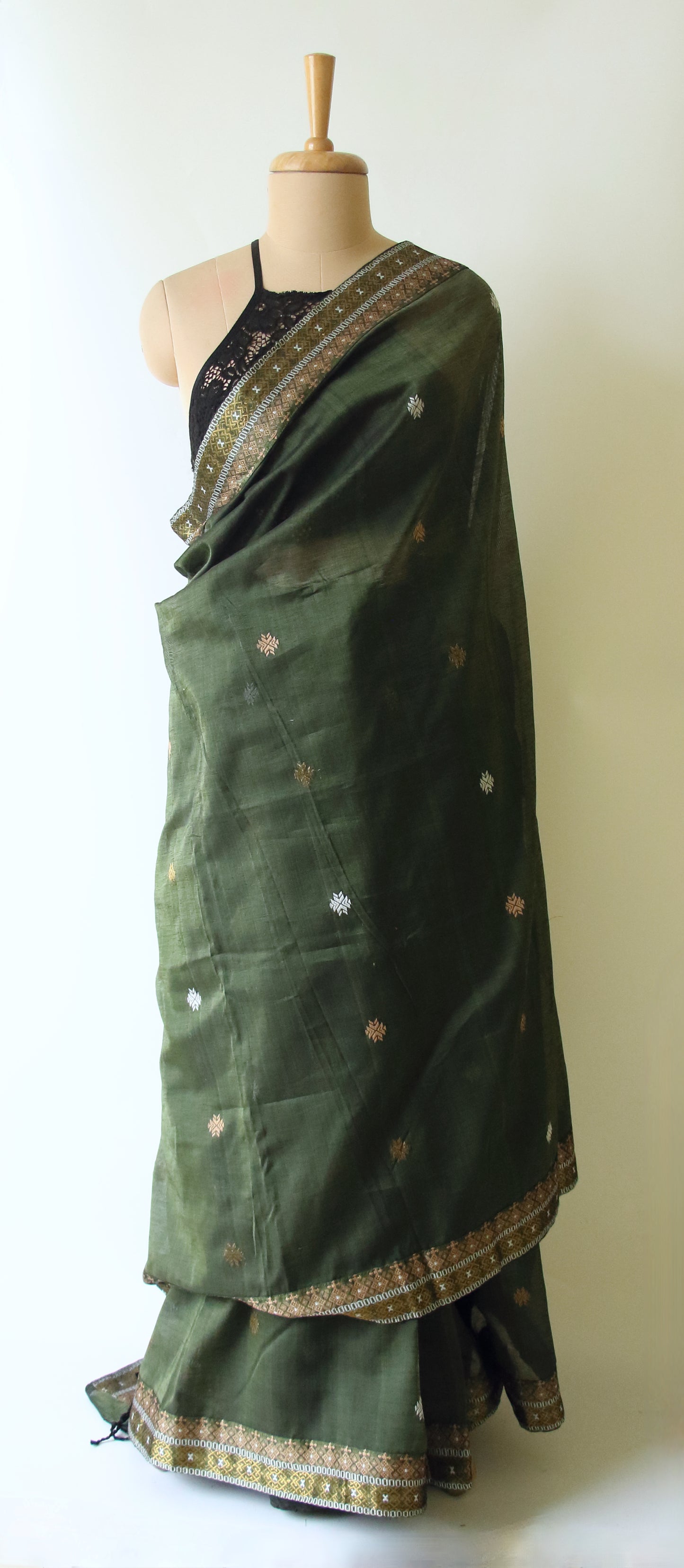 Bottle Green Handloom Cotton Silk Saree from Assam