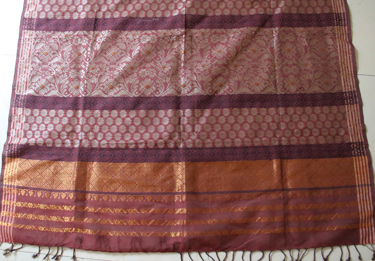 Natural Dyed Brick Maroon Handloom Cotton Silk Saree from Assam