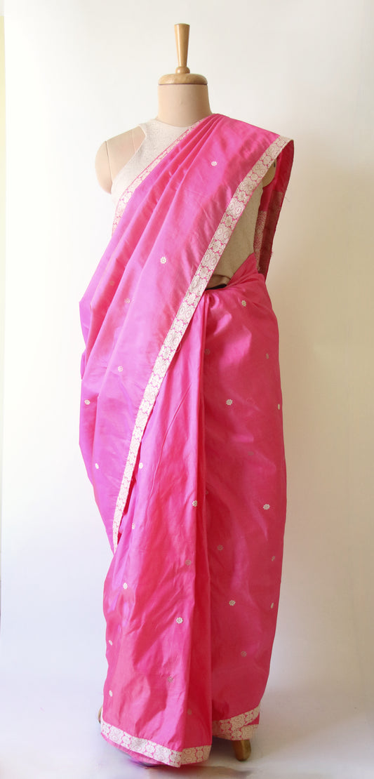 Bright Pink Colour Handloom Silk Saree