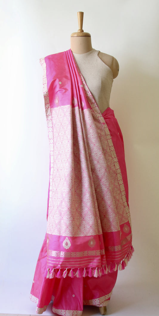 Bright Pink Colour Handloom Silk Saree