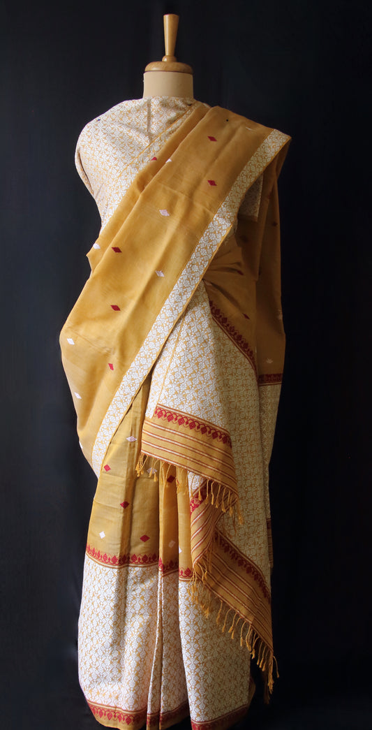 Natural Dyed Mustard Yellow Cotton Silk  Handloom Mekhela Chador Set
