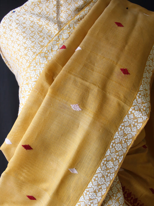 Natural Dyed Mustard Yellow Cotton Silk  Handloom Mekhela Chador Set