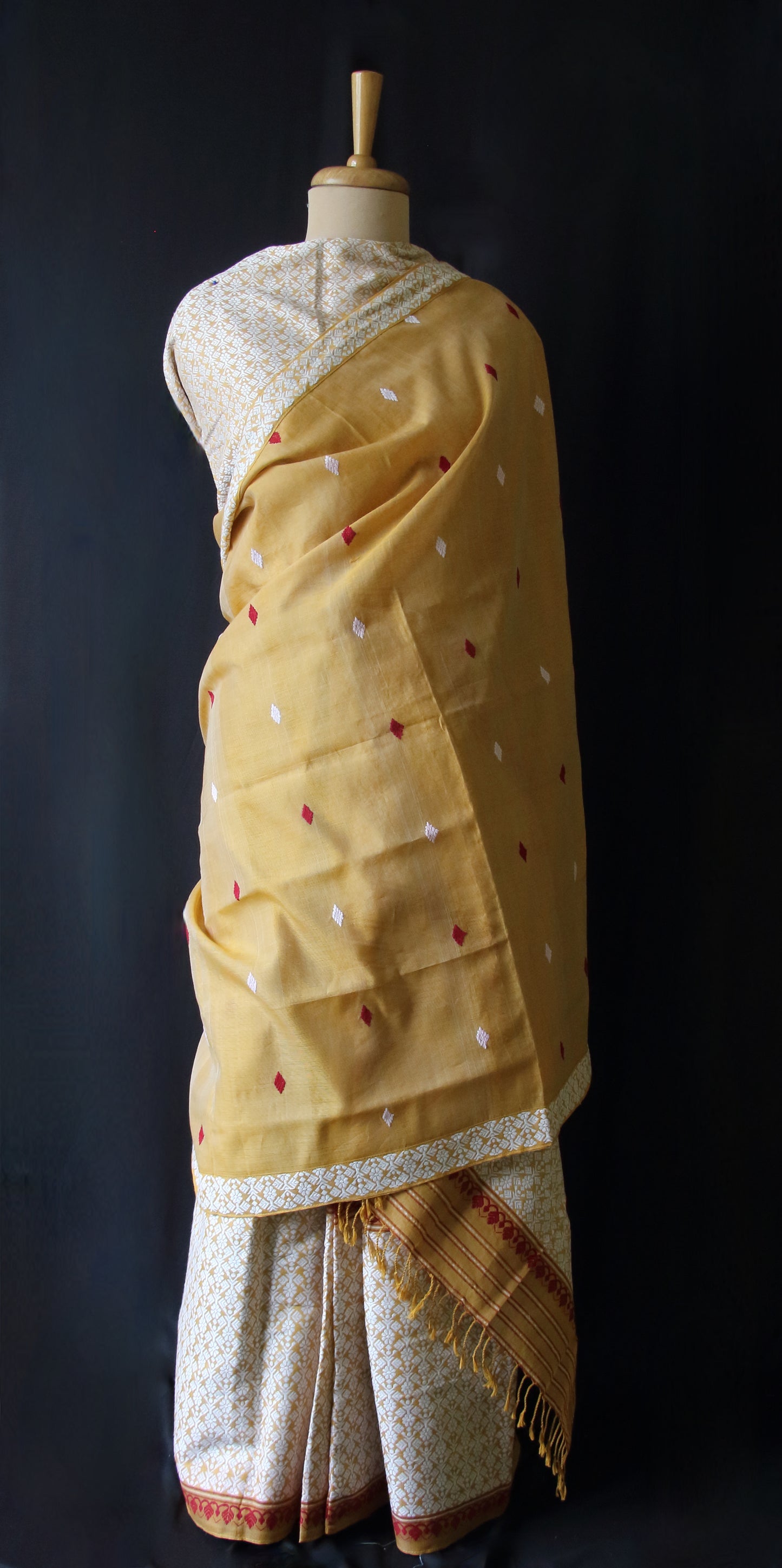 Natural Dyed Mustard Yellow Cotton Silk Handloom Mekhela Chador Set