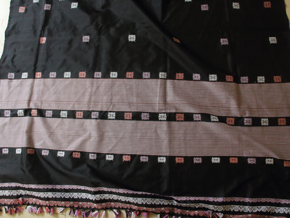 Black Handloom Mulberry Silk Saree / Contemporary Design from Assam