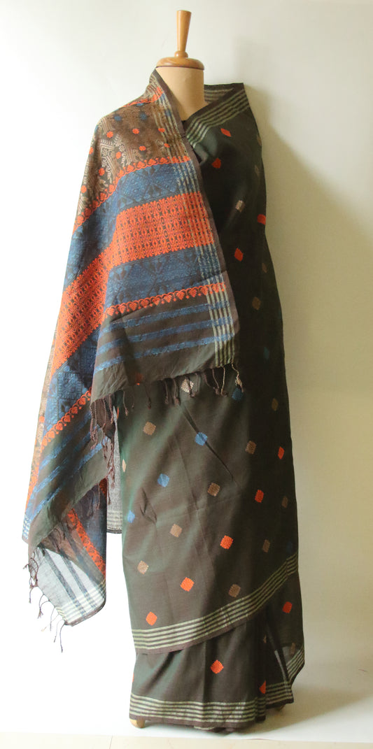 Natural Dyed Two Tone Green Handloom Cotton Silk Saree from Assam