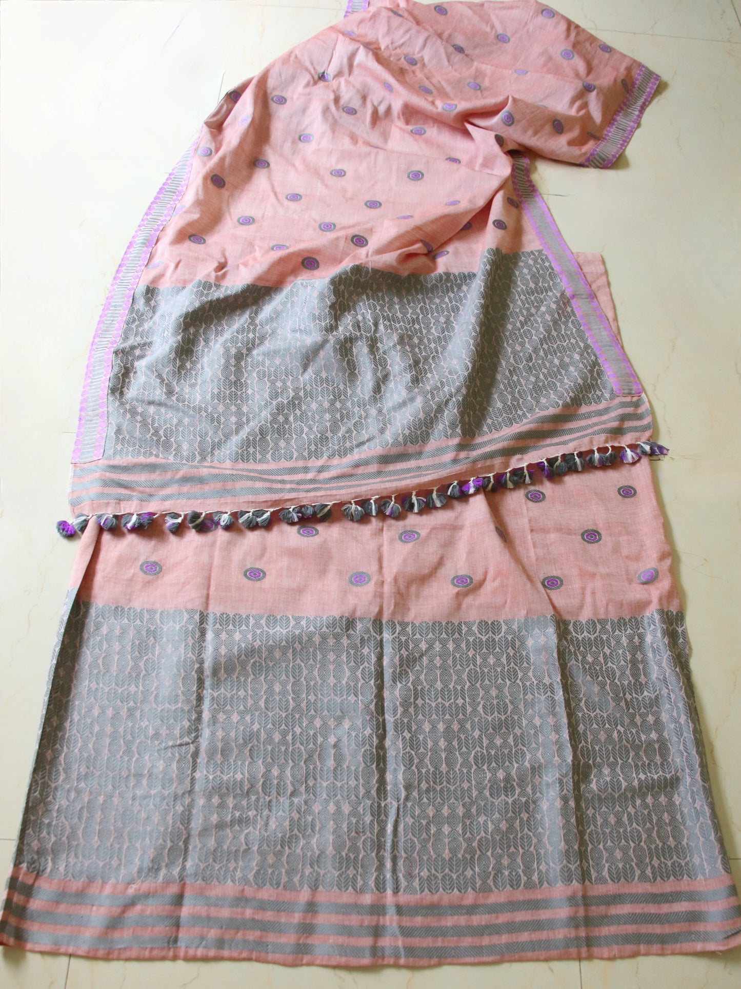 Soft Peach Cotton Mekhela Chador Set