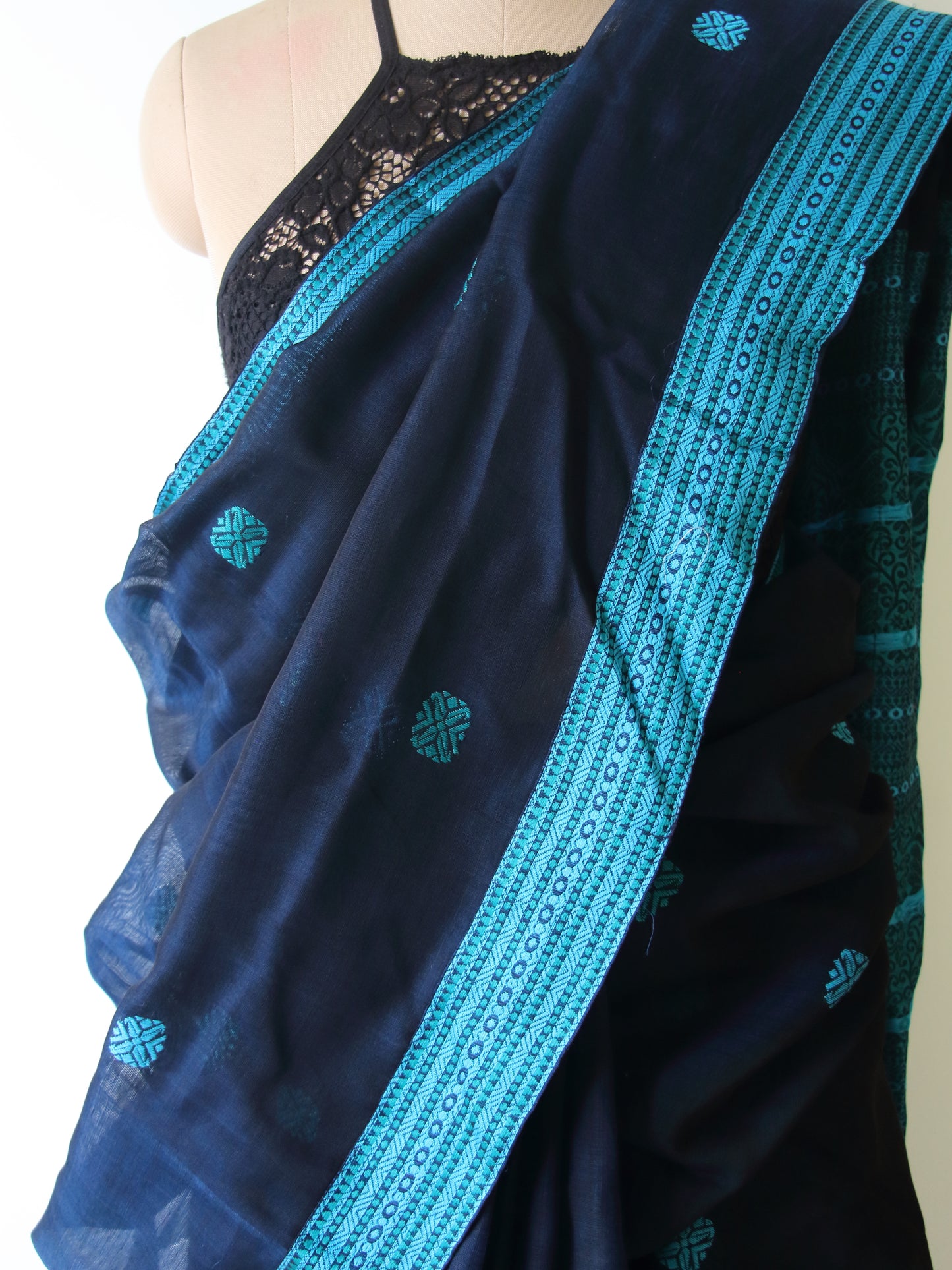 Deep Blue Handloom Cotton Silk Saree from Assam , India