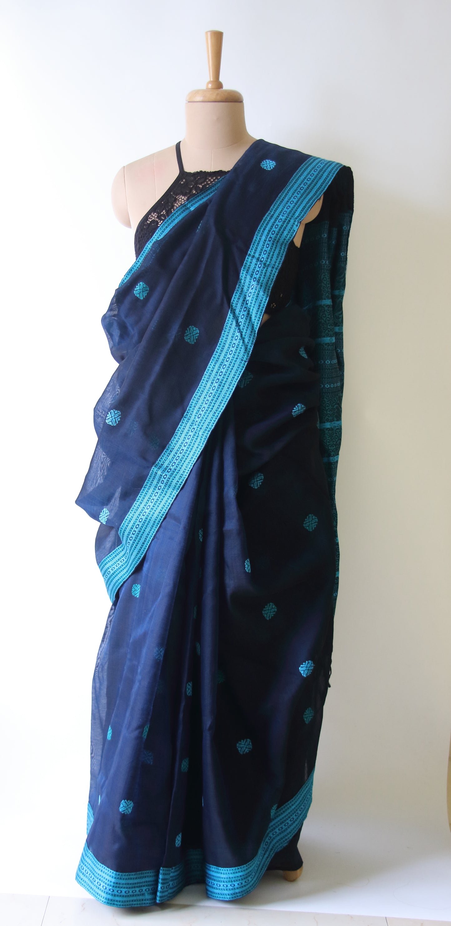 Deep Blue Handloom Cotton Silk Saree from Assam , India