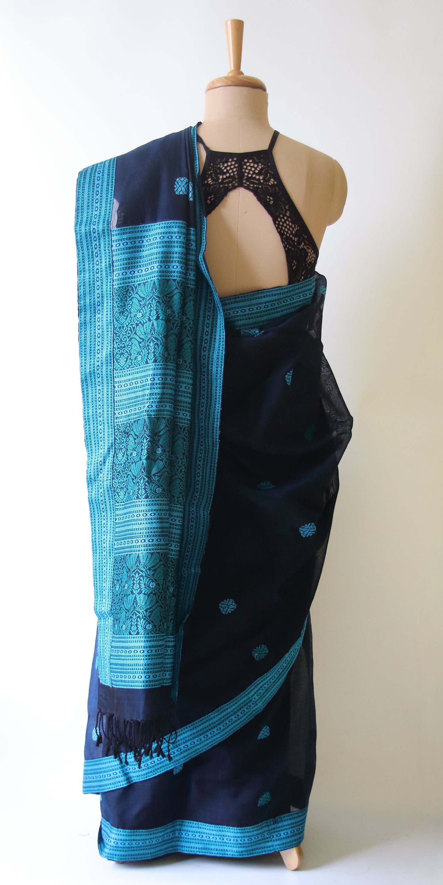 Deep Blue Handloom Cotton Silk Saree from Assam , India