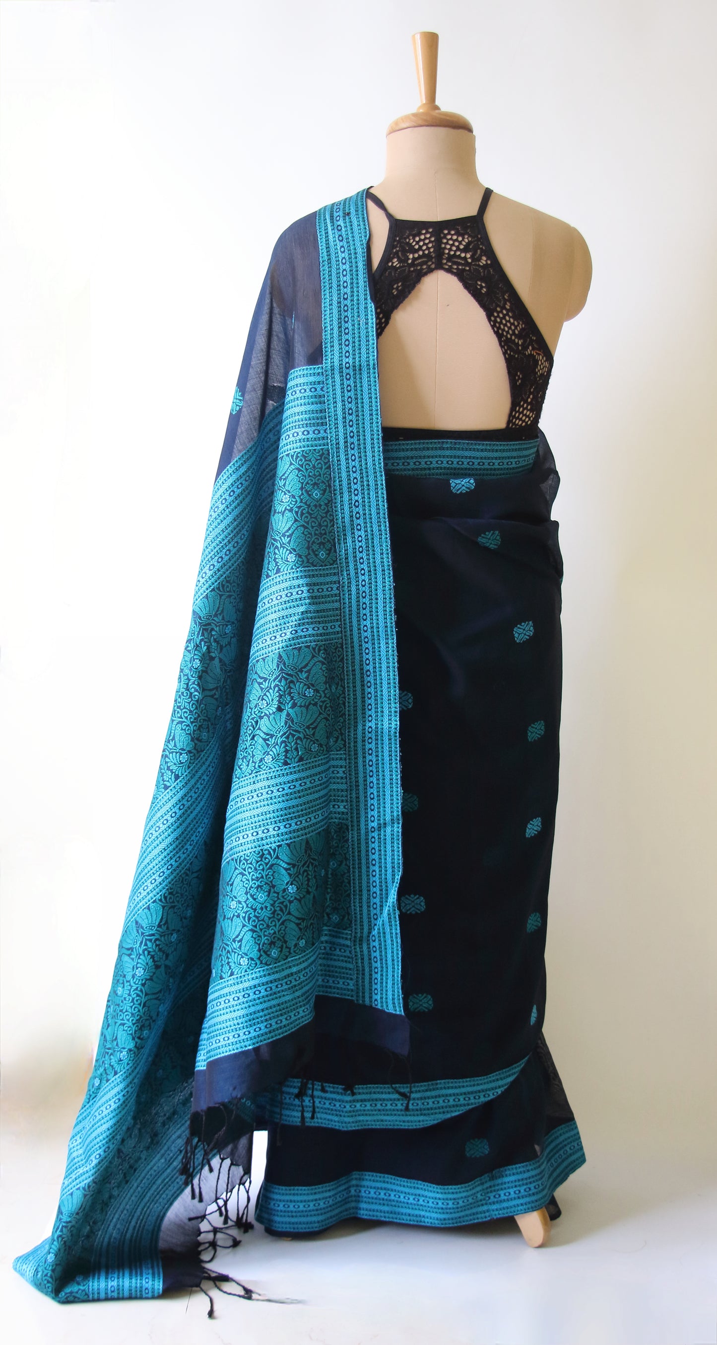 Deep Blue Handloom Cotton Silk Saree from Assam , India