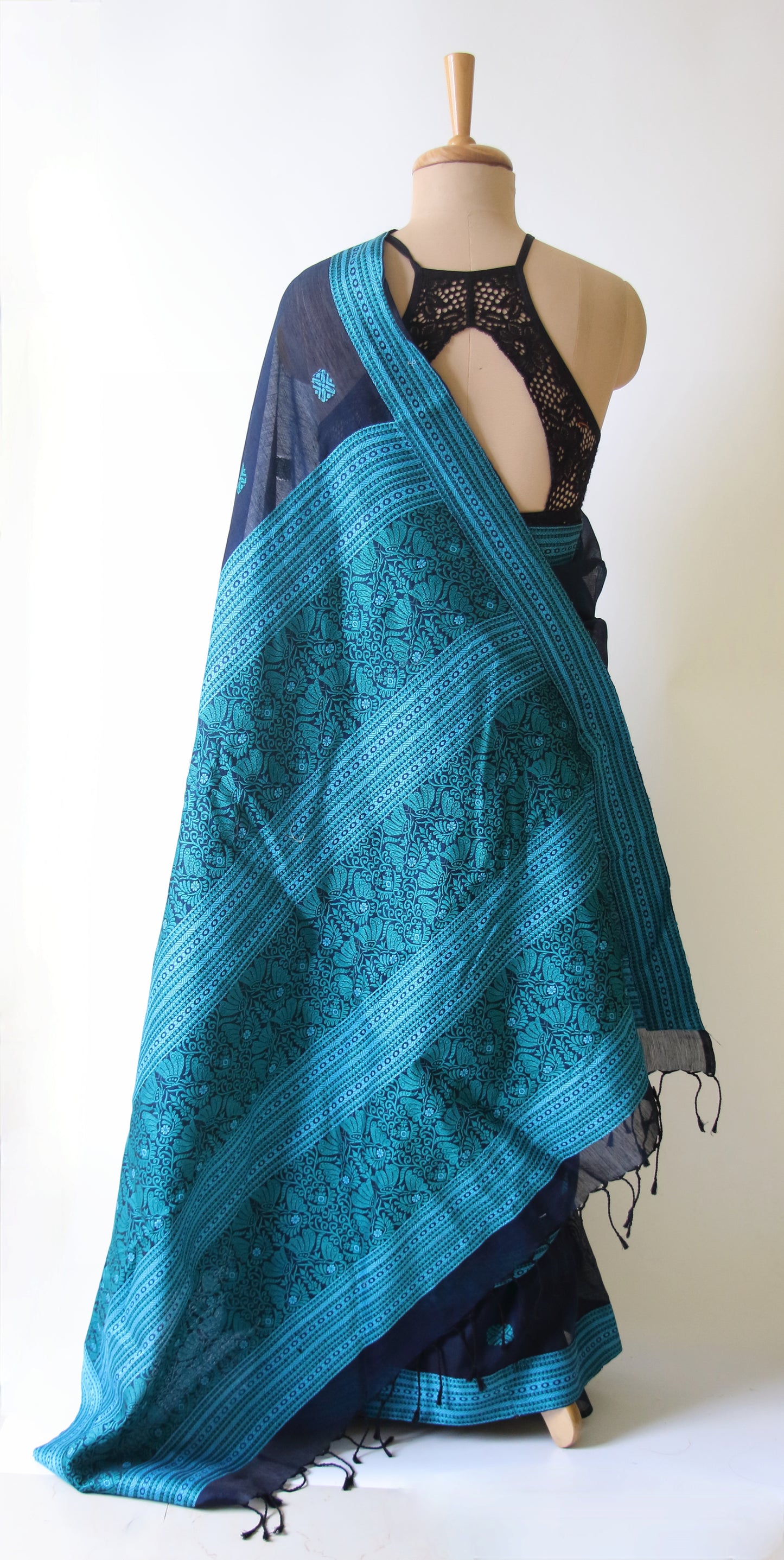 Deep Blue Handloom Cotton Silk Saree from Assam , India