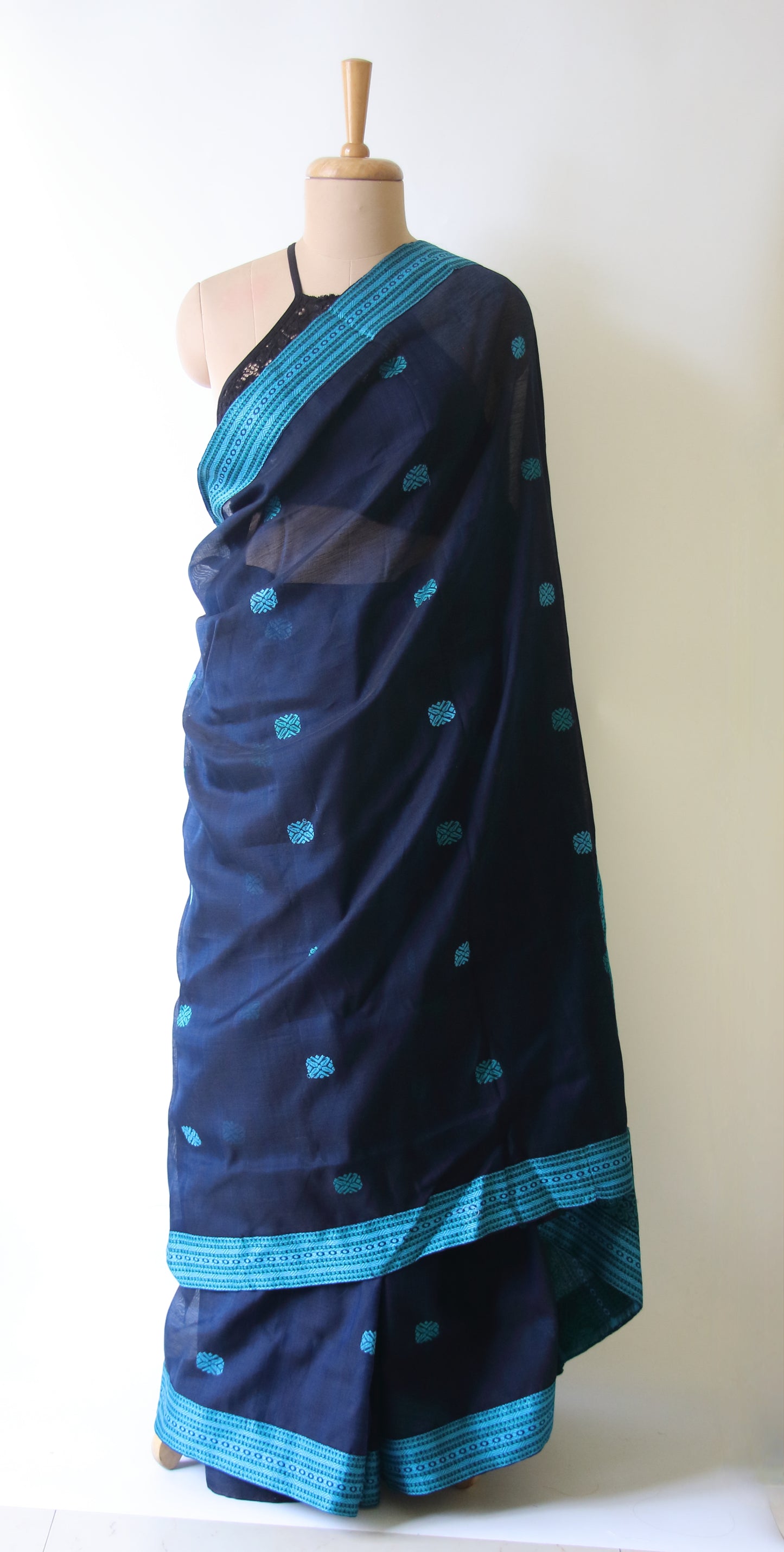 Deep Blue Handloom Cotton Silk Saree from Assam , India