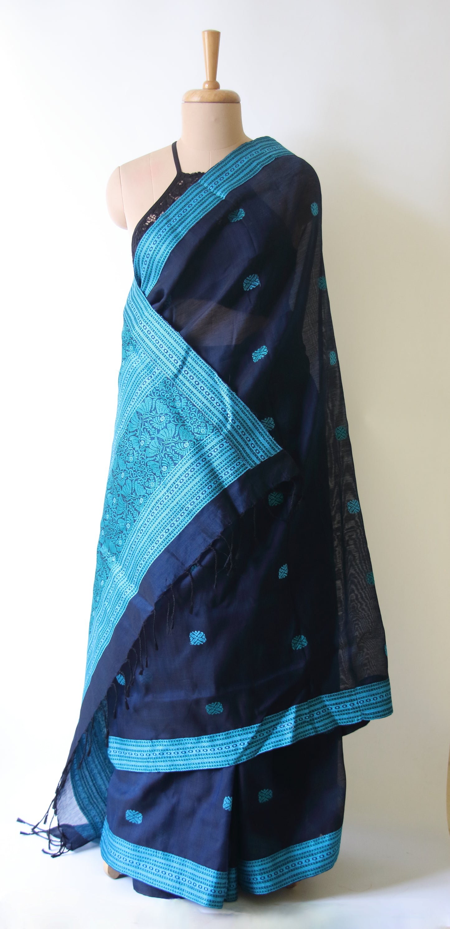 Deep Blue Handloom Cotton Silk Saree from Assam , India