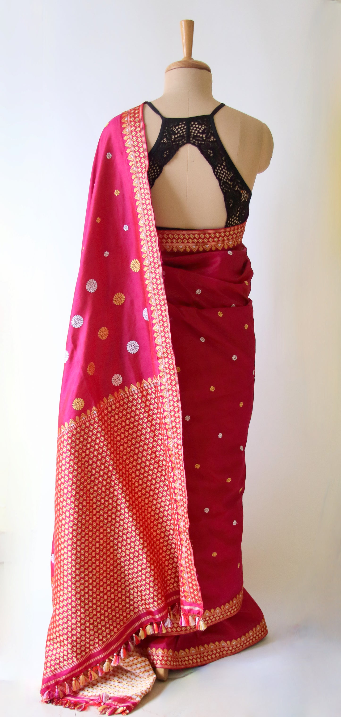 Rose Red Handloom Pat / Mulberry Silk Saree from Assam