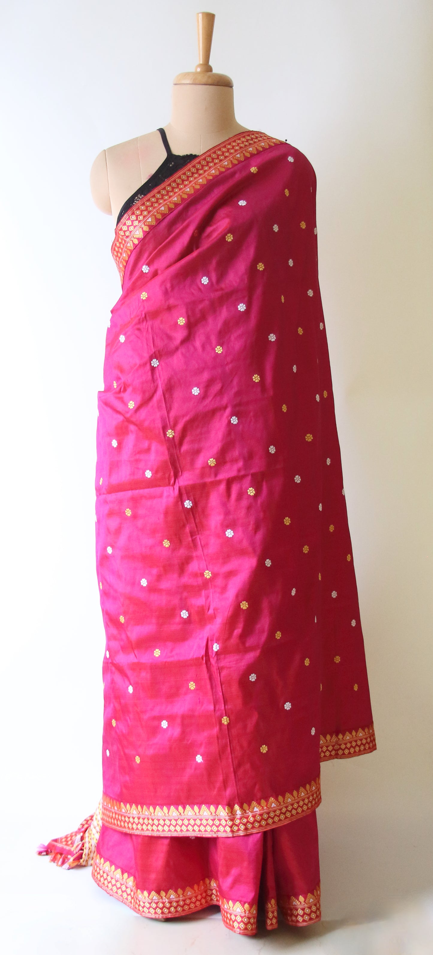 Rose Red Handloom Pat / Mulberry Silk Saree from Assam