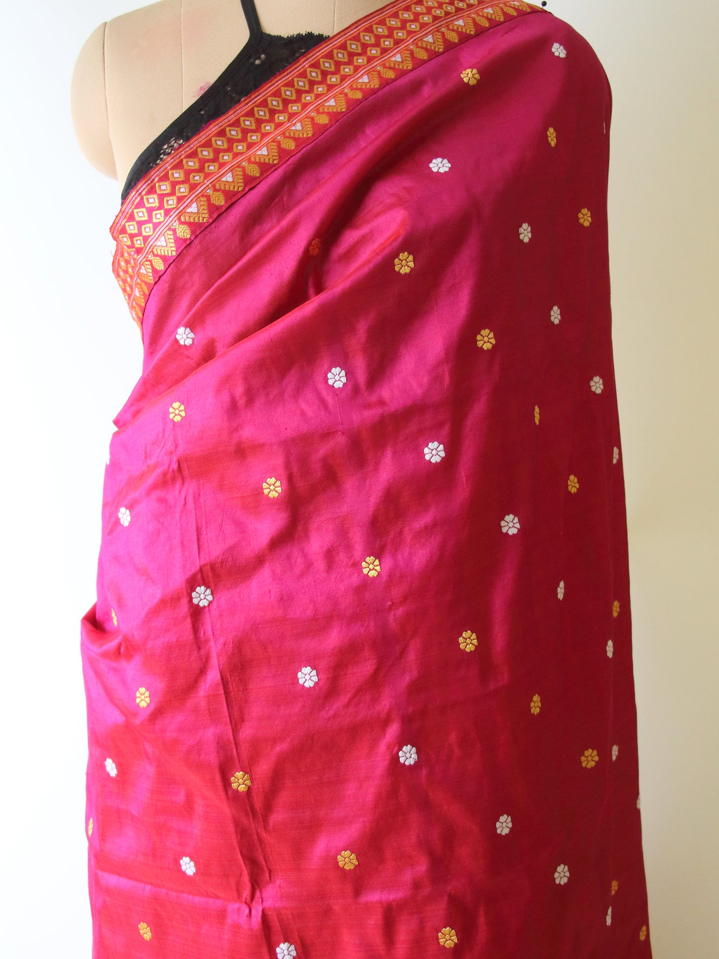 Rose Red Handloom Pat / Mulberry Silk Saree from Assam