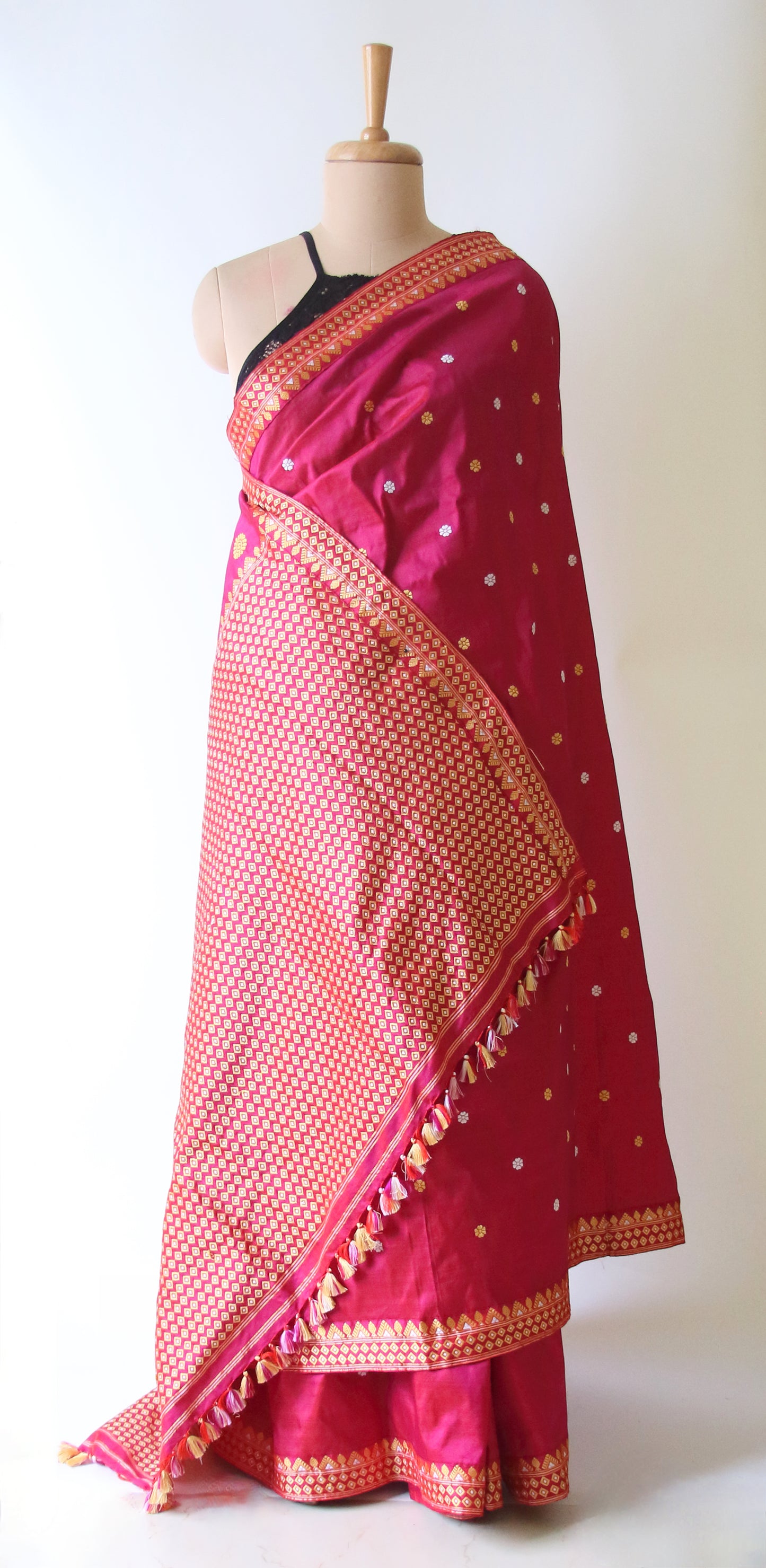 Rose Red Handloom Pat / Mulberry Silk Saree from Assam