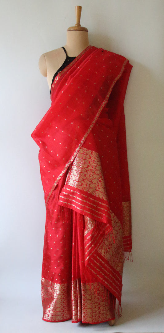 Red Handloom Mulberry Silk Mekhla Chador Set from Assam