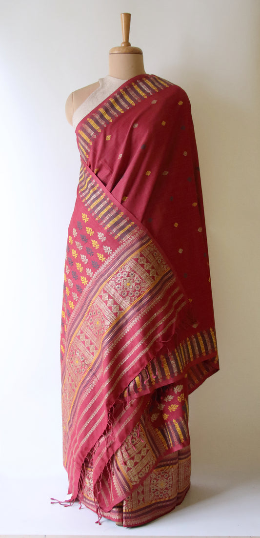 Maroon Narural Dyed Eri Silk Mekhela Chador Set