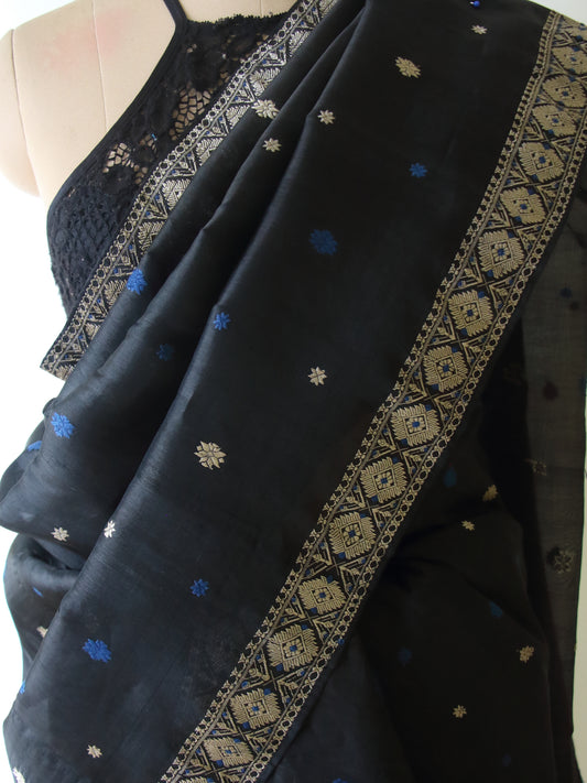 Natural Dyed Dark Grey Mulberry Silk Mekhla Chador Set