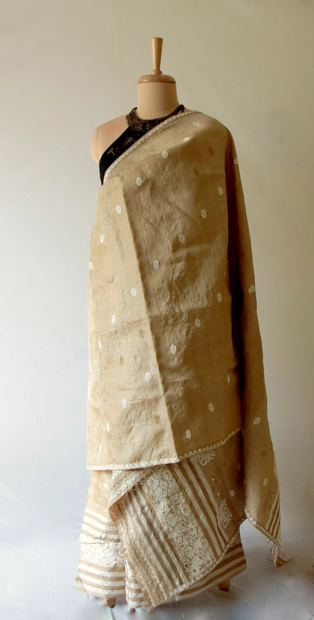 Authentic Muga Silk Mekhla Chador Set with Eri Silk and Muga Ghicha Motifs from Assam