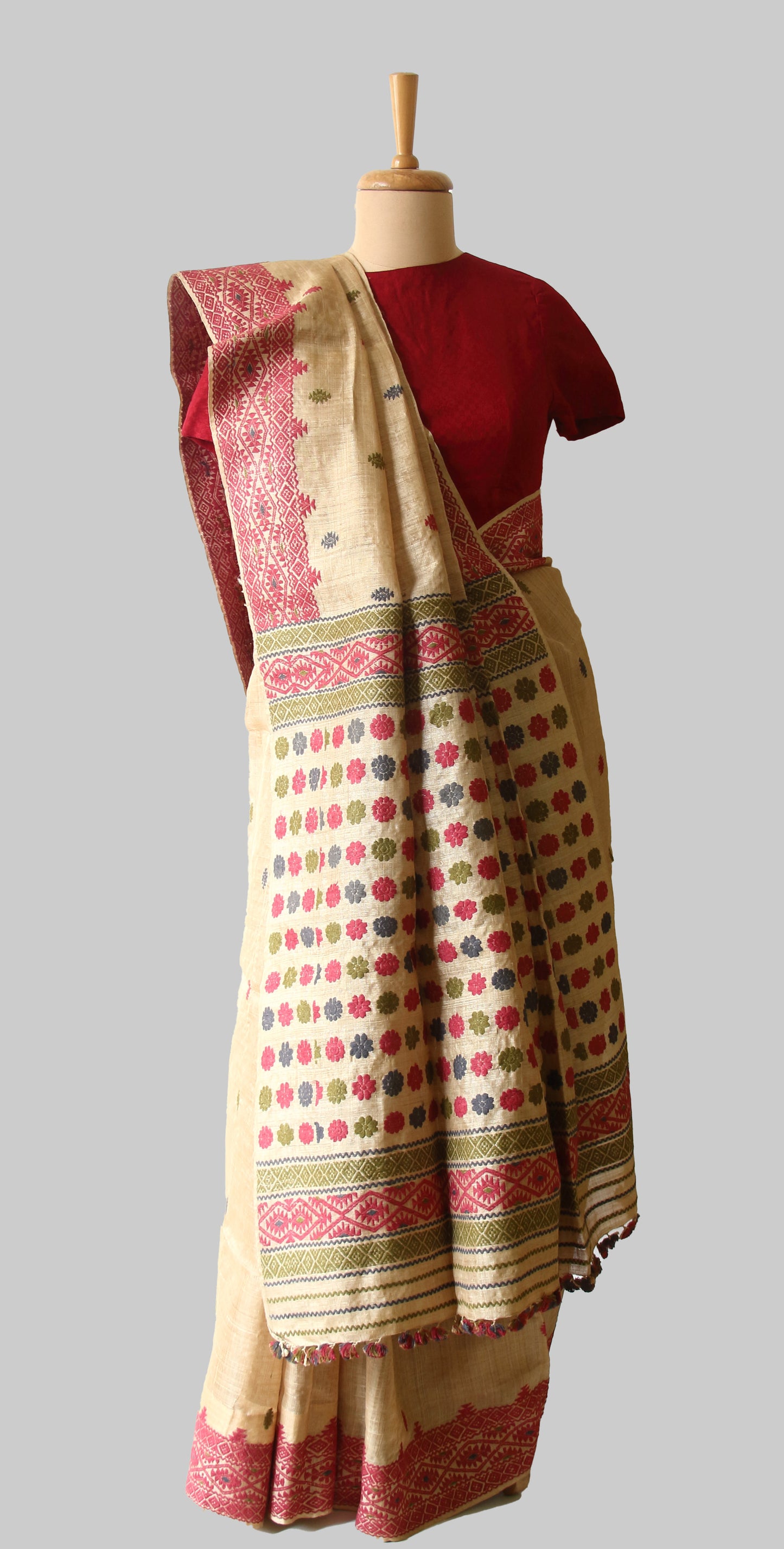 Muga Silk Saree with natural dyed Eri Silk motifs from Assam