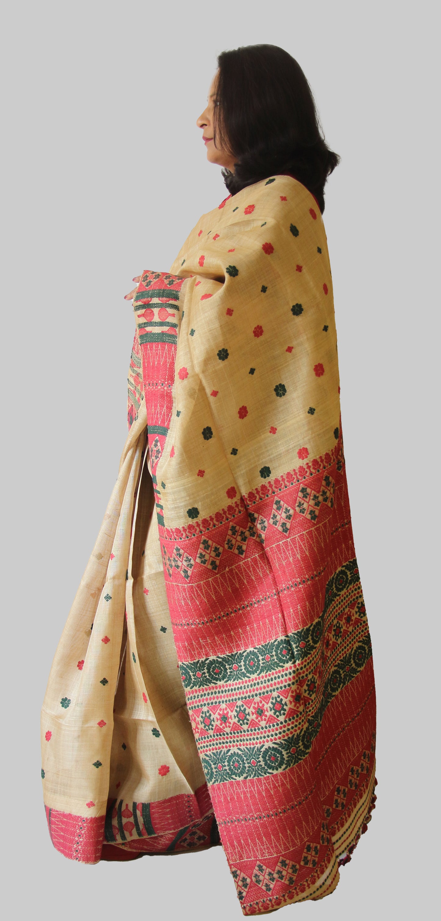 Muga Silk Saree with natural dyed Eri Silk motifs from Assam