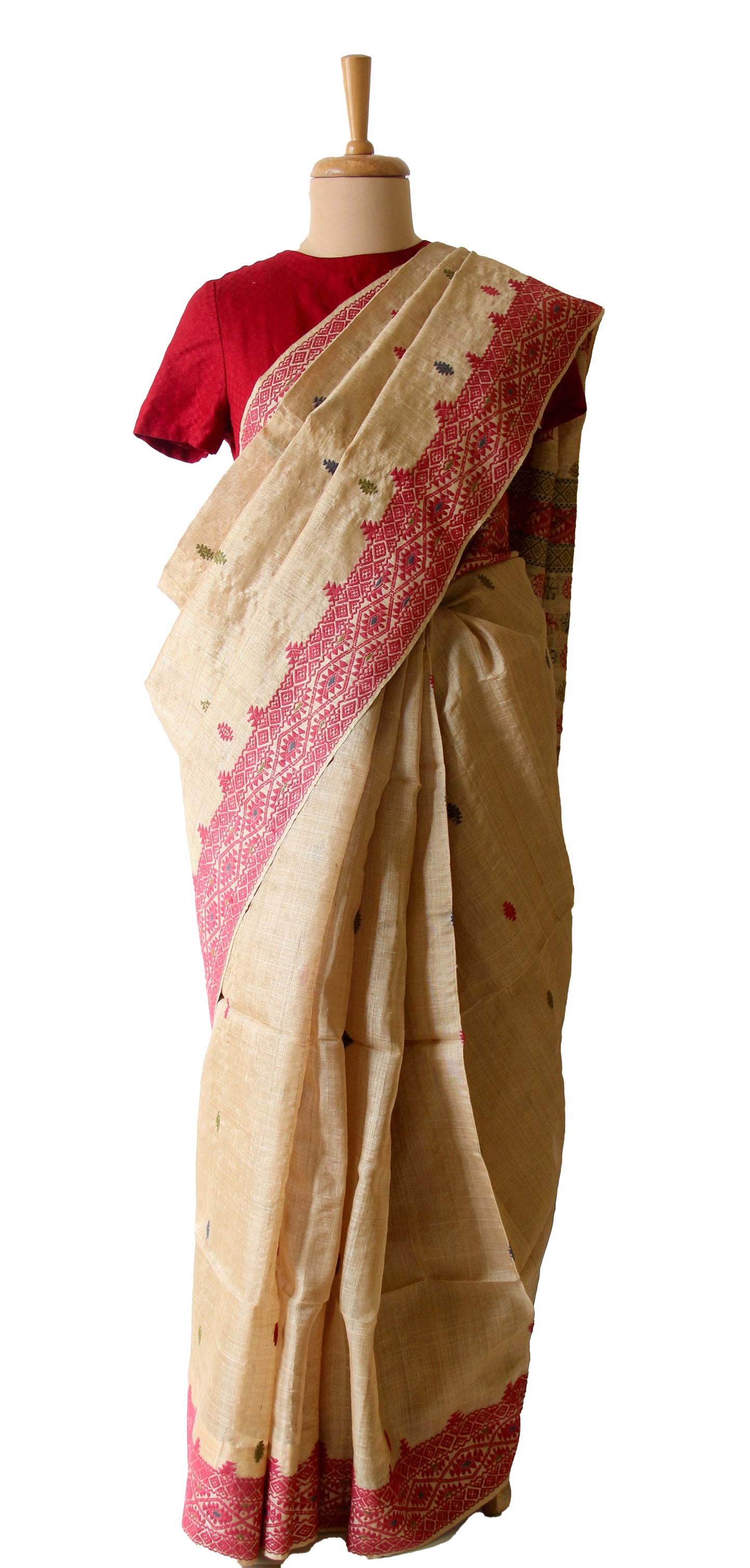 Muga Silk Saree with natural dyed Eri Silk motifs from Assam