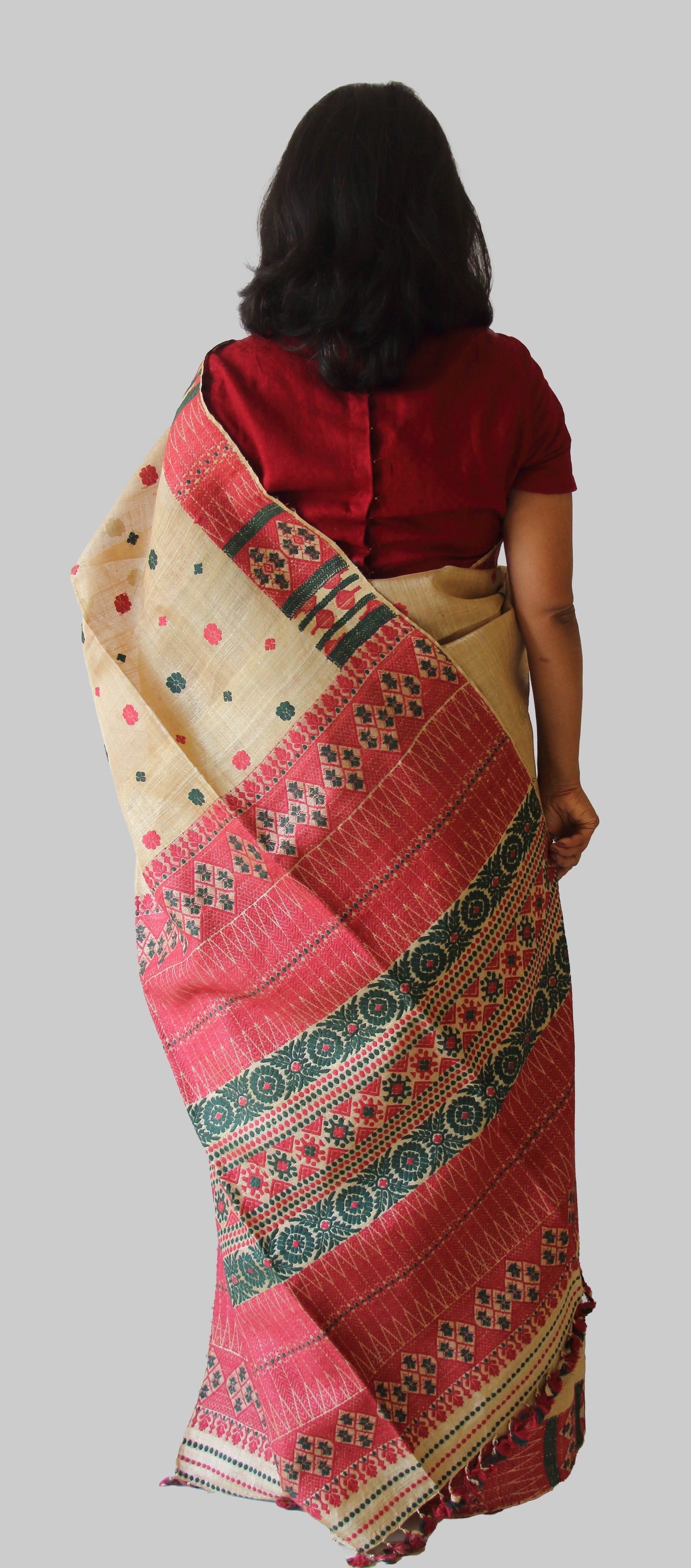 Muga Silk Saree with natural dyed Eri Silk motifs from Assam