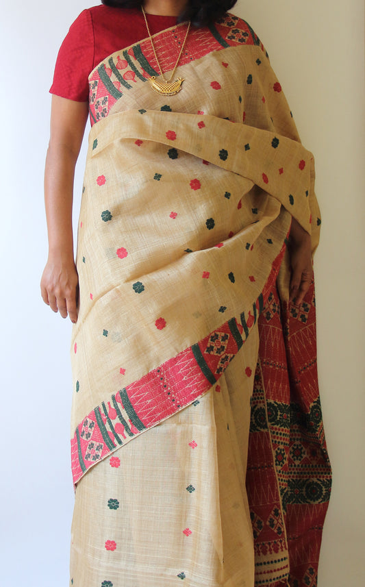 Muga Silk Saree with natural dyed Eri Silk  motifs from Assam