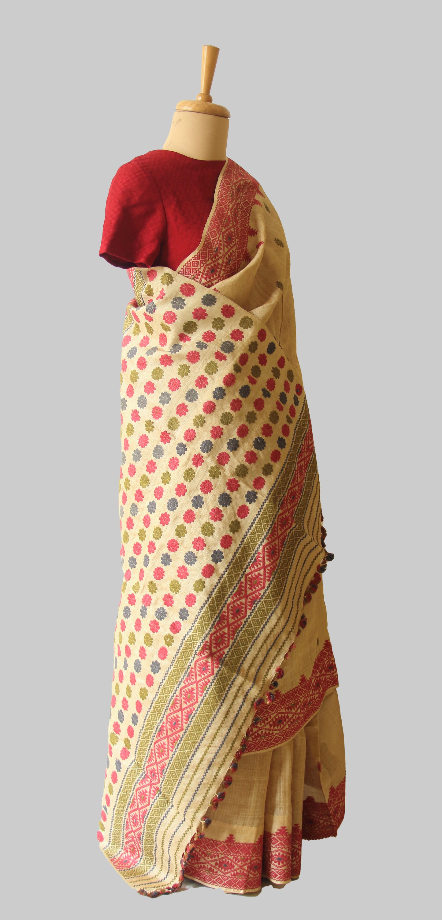 Muga Silk Saree with natural dyed Eri Silk motifs from Assam