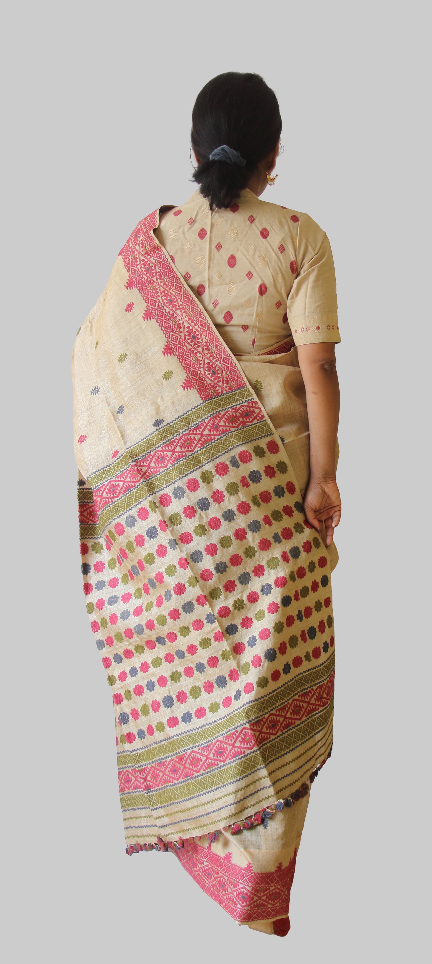 Muga Silk Saree with natural dyed Eri Silk motifs from Assam