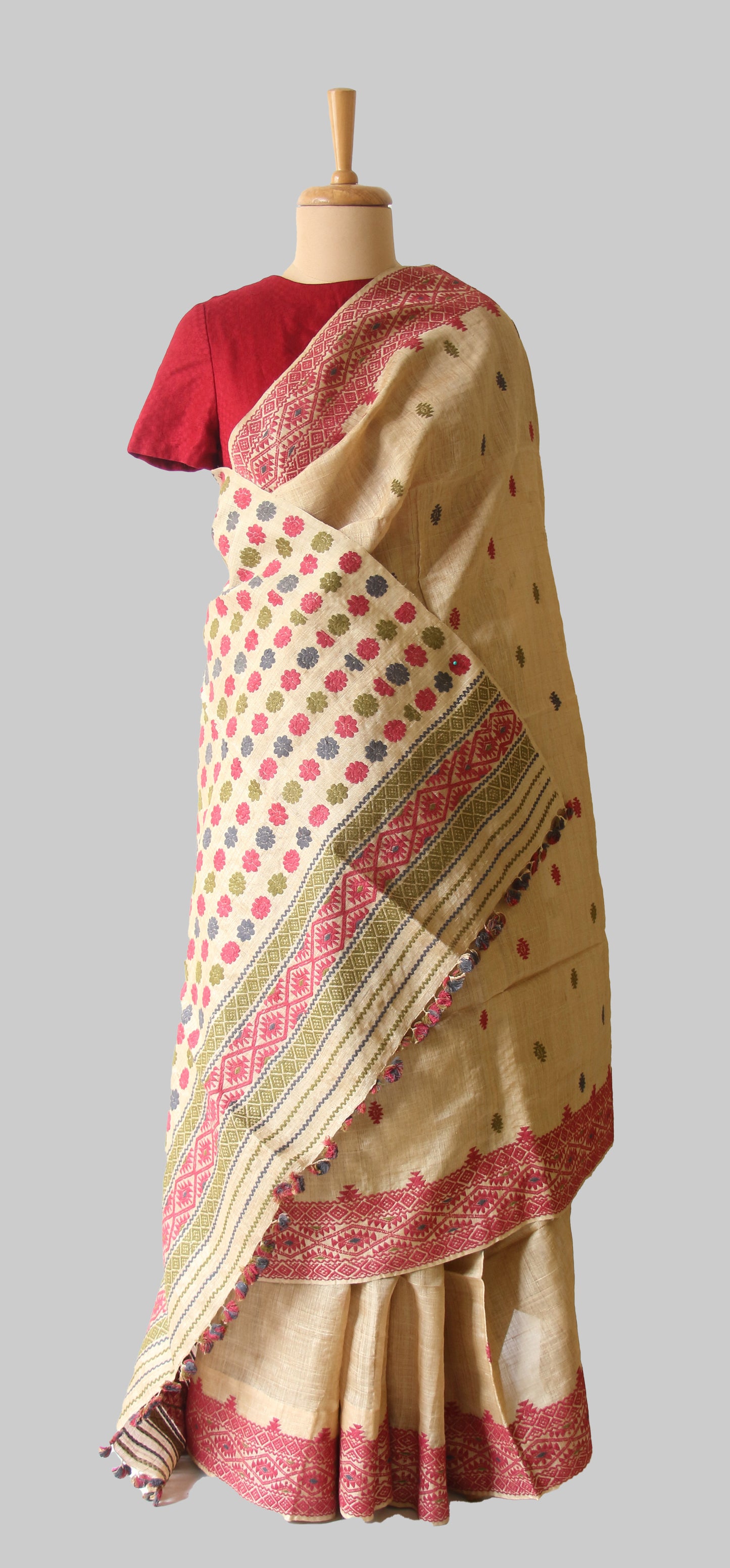 Muga Silk Saree with natural dyed Eri Silk motifs from Assam