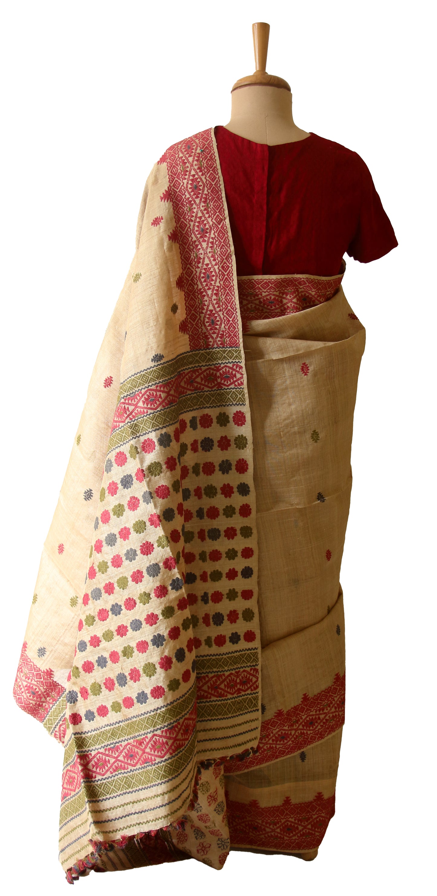 Muga Silk Saree with natural dyed Eri Silk motifs from Assam