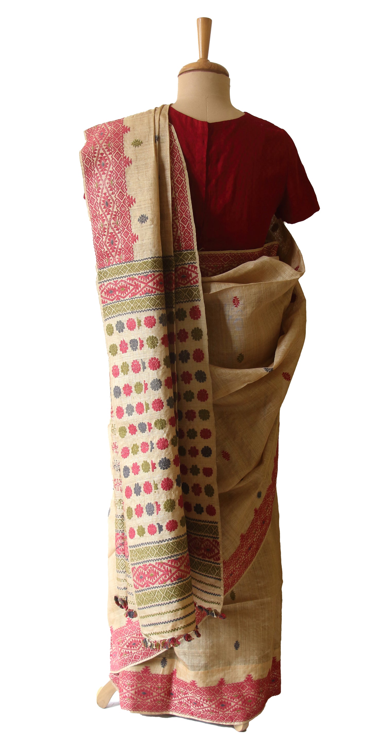 Muga Silk Saree with natural dyed Eri Silk motifs from Assam
