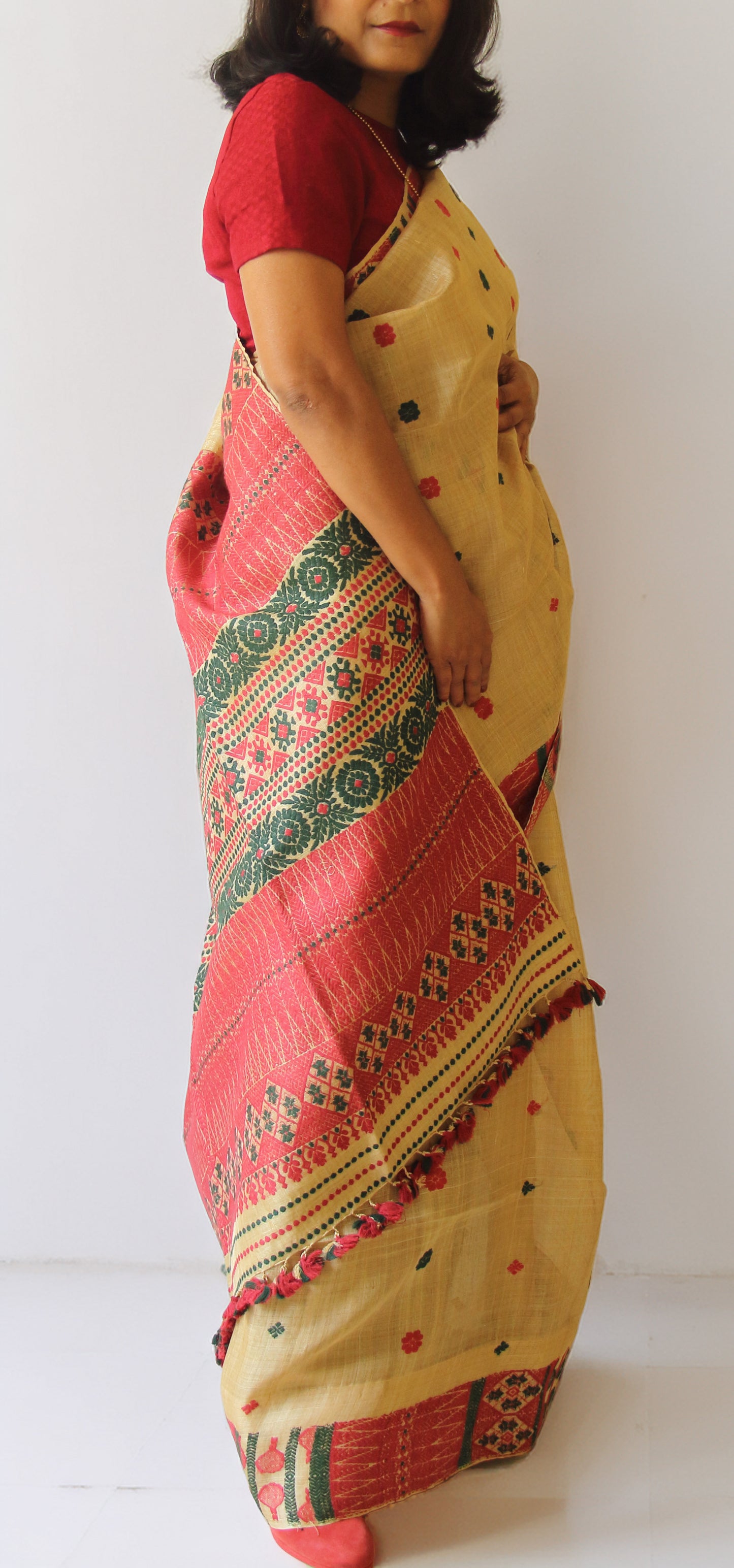 Muga Silk Saree with natural dyed Eri Silk motifs from Assam
